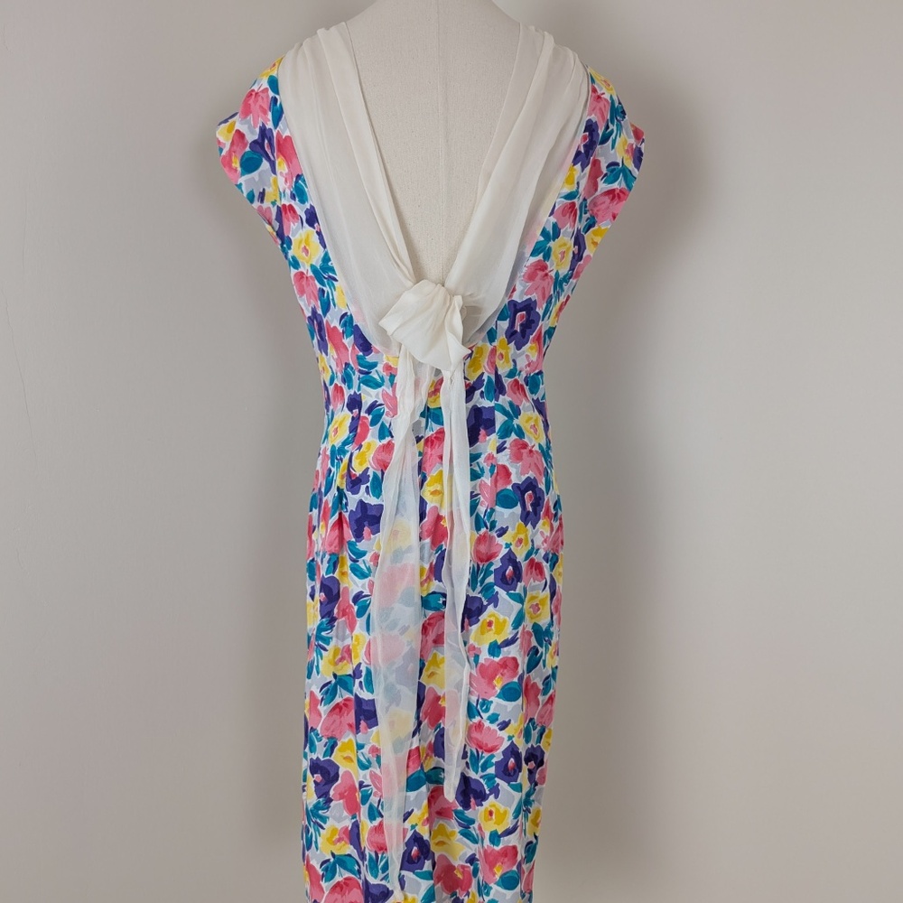 Vintage Floral Mini Dress Open Back Short Sleeve Dollman Fitted Tight Pencil - Picture 10 of 11